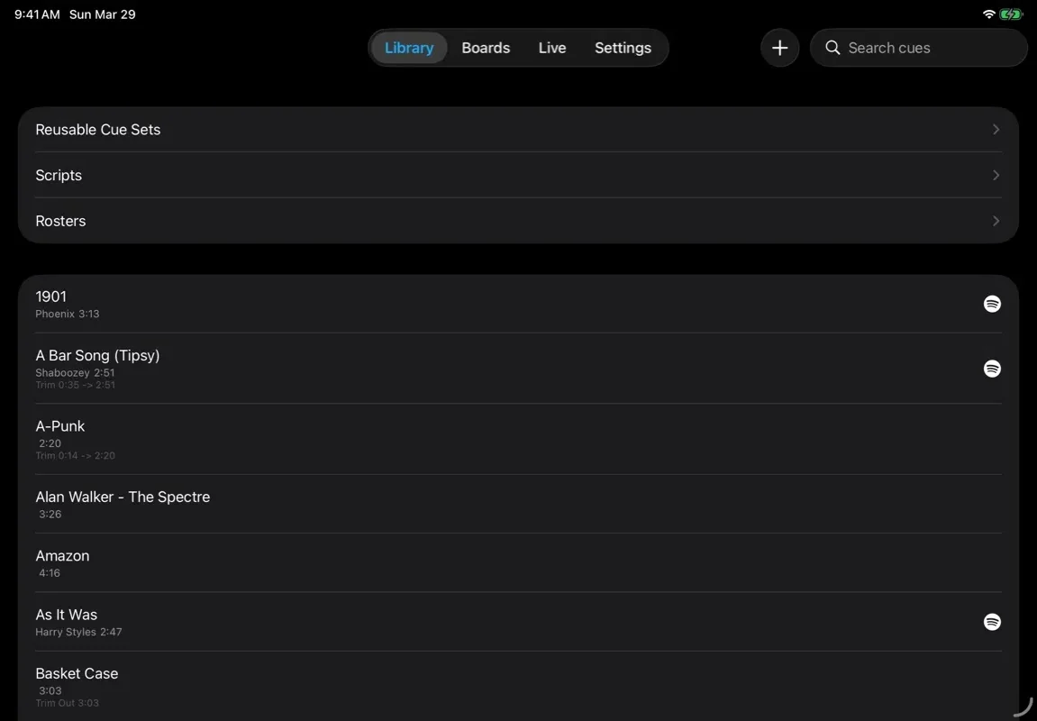 Import local audio or add Spotify tracks and playlists.