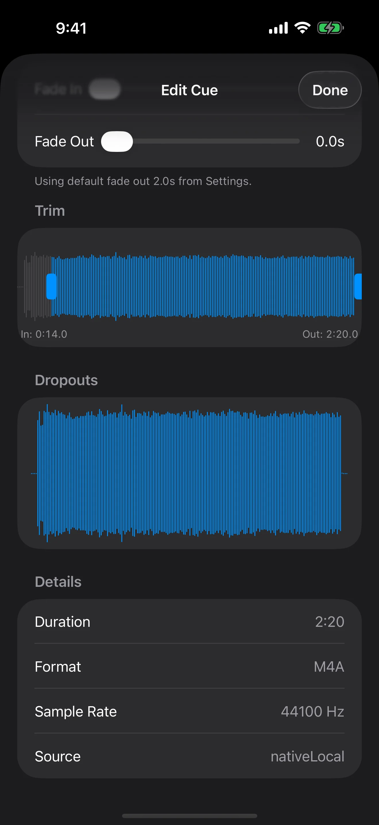BenchHype cue editor with waveform trimming and playback controls