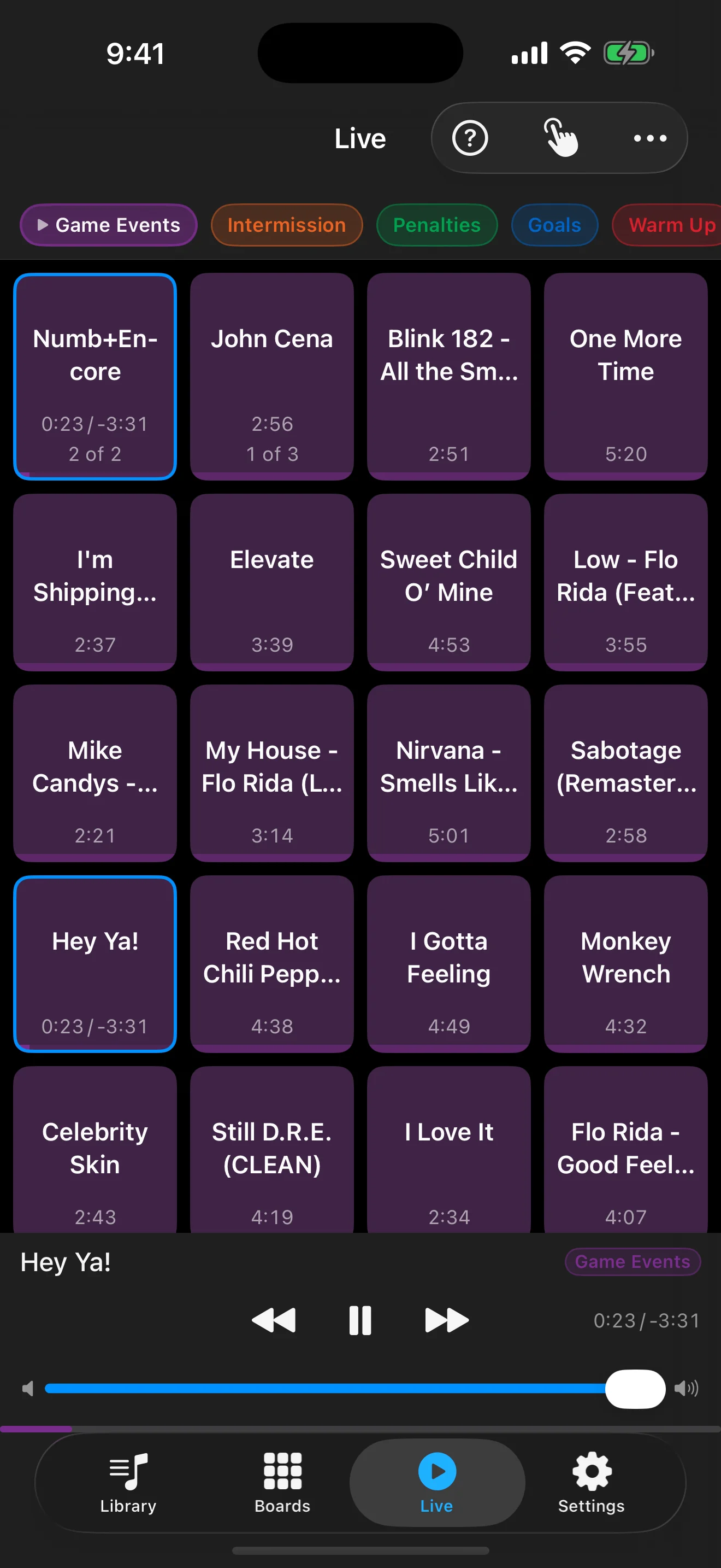 BenchHype live mode with tap-ready sound tiles and emergency controls