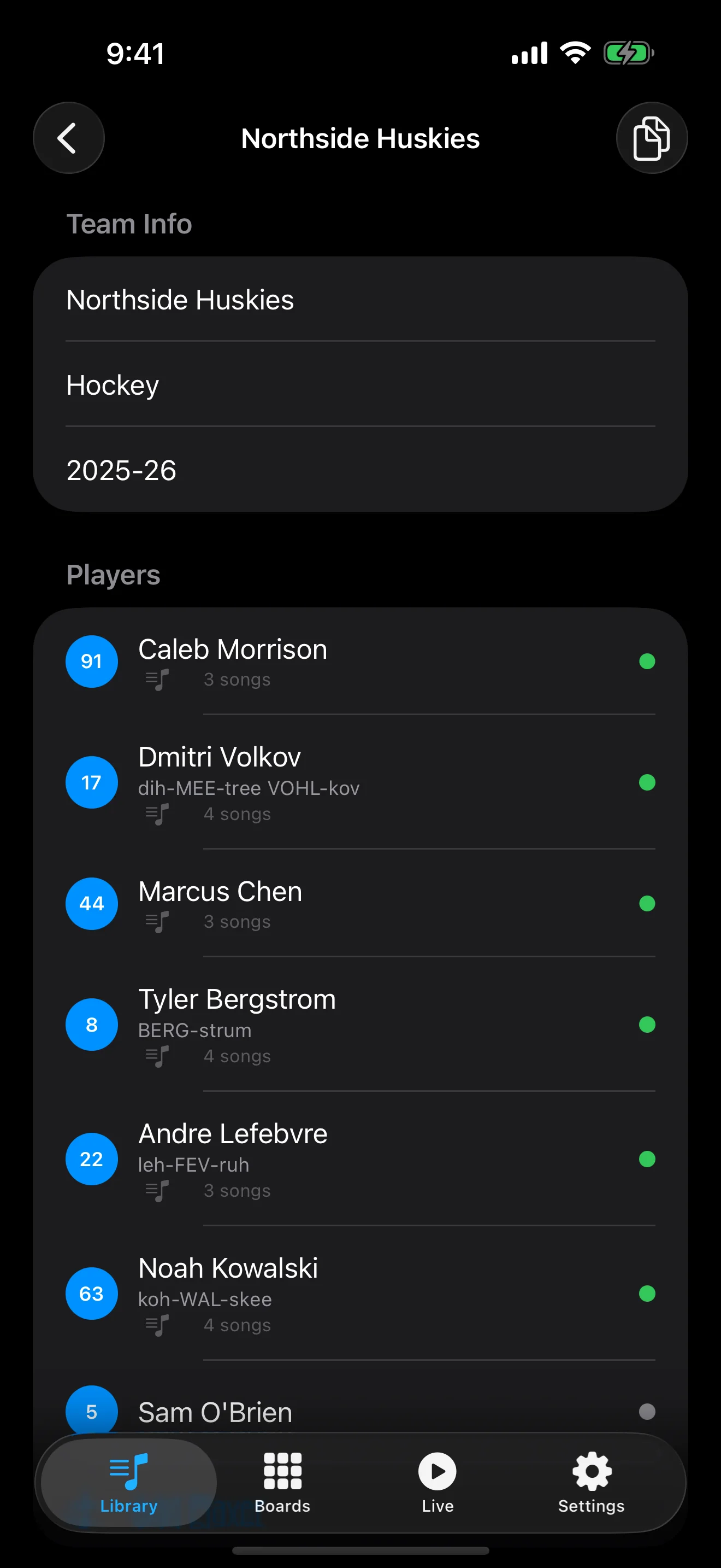 BenchHype roster live mode with player walkout list and tap-to-play controls